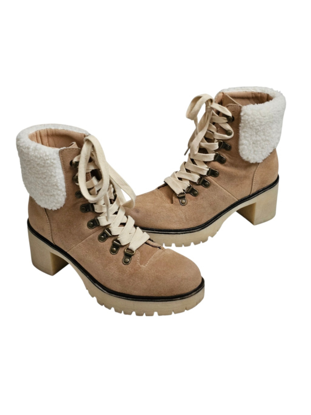 VICI Conquest Women's 7 Tan Faux Suede Sherpa Lace Up Hiker Boots 3" Heel